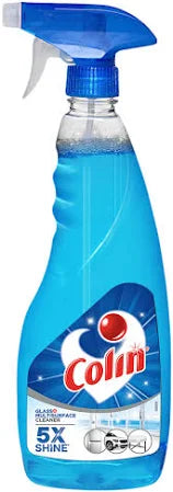 Colin glass and surface cleaner spray bottle with blue and white design