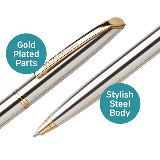 Hauser Dignity Steel Gold Ball Pen Blister Pack | Steel Metal Finish Body With Golden Clip | Twist Mechanism For Smudge Free Writing | Durable, Refillable Pen | Blue Ink, Set Of 1